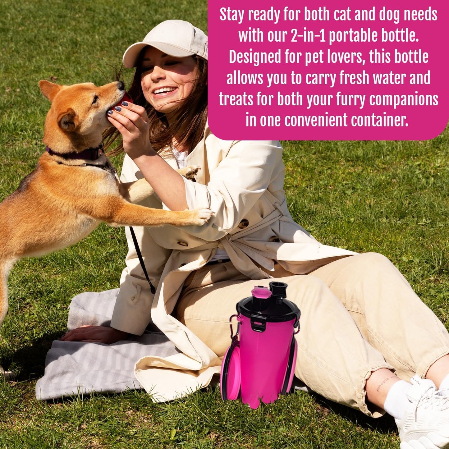 Traveling Tots portable dog hydration system clipped securely onto an outdoor backpack