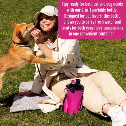 Traveling Tots portable dog hydration system clipped securely onto an outdoor backpack