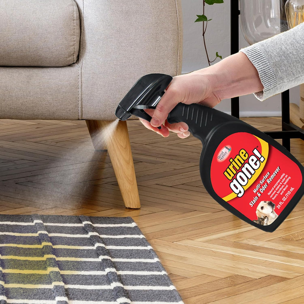 Urine Gone pet stain remover bottle on carpet surface