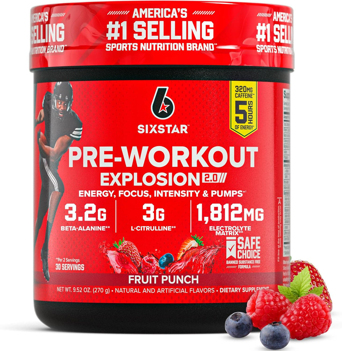 Six Star Pre-Workout Explosion 2.0 fruit punch energy powder 325g
