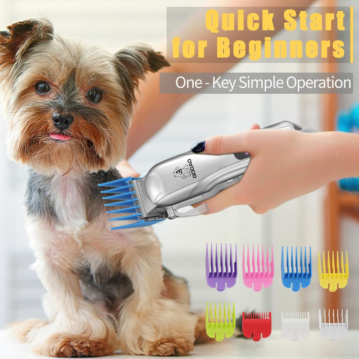Gooad pet grooming set demonstrating the sharp 23 tooth titanium blade design optimized for heavy dense undercoats and thick matted fur.