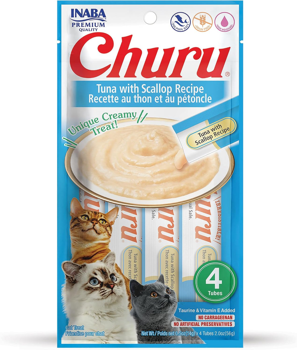 INABA Churu Cat Treats, Grain-Free, Lickable, Squeezable Creamy Pure Cat Treat/Topper with Vitamin E & Taurine, 0.5 Ounces Each Tube, 4 Tubes, Tuna with Salmon Recipe - Image 13