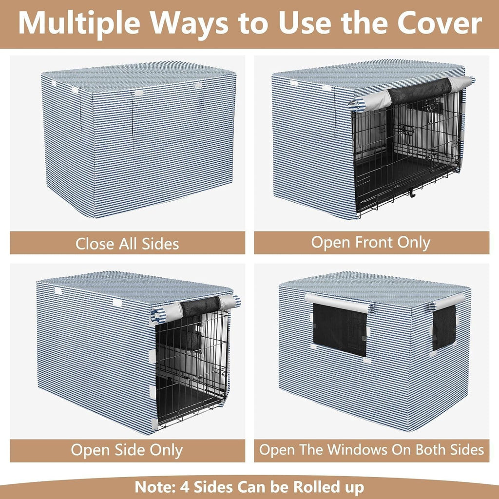 Adjustable roller shades feature on the blue striped pet privacy kennel cover.
