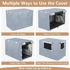 Adjustable roller shades feature on the blue striped pet privacy kennel cover.