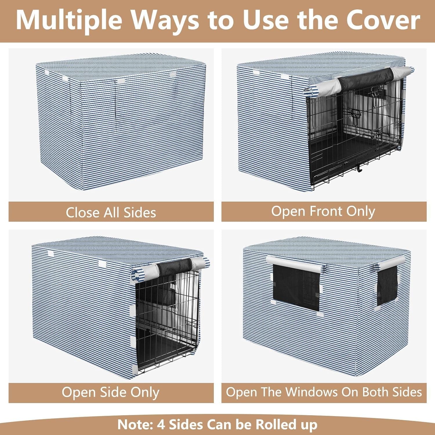 Adjustable roller shades feature on the blue striped pet privacy kennel cover.