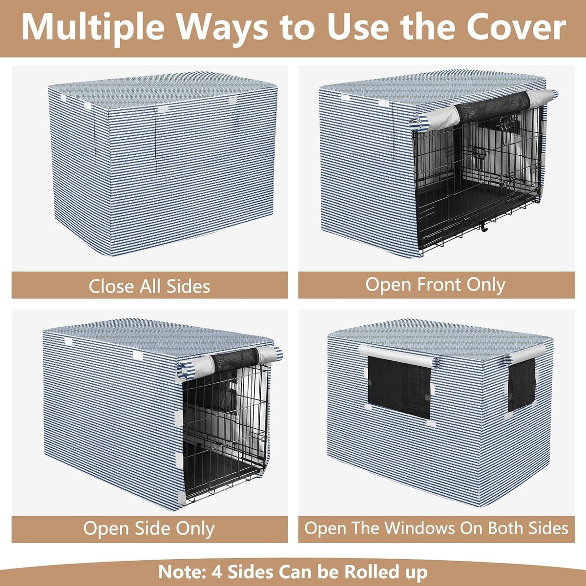 Adjustable roller shades feature on the blue striped pet privacy kennel cover.