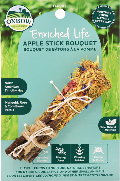 Oxbow Enriched Life Apple Stick Bouquet front view showing natural wood sticks and colorful dried flower petals.