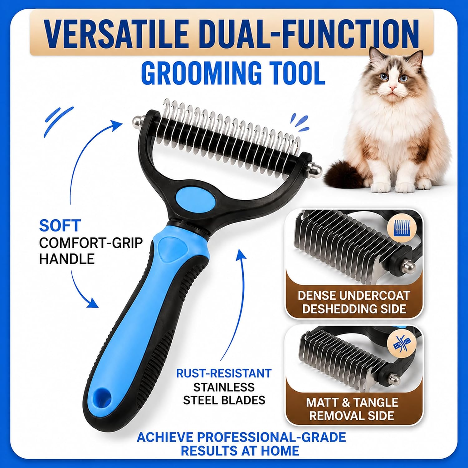 Dual-sided dematting and deshedding tool for long haired cats and dogs