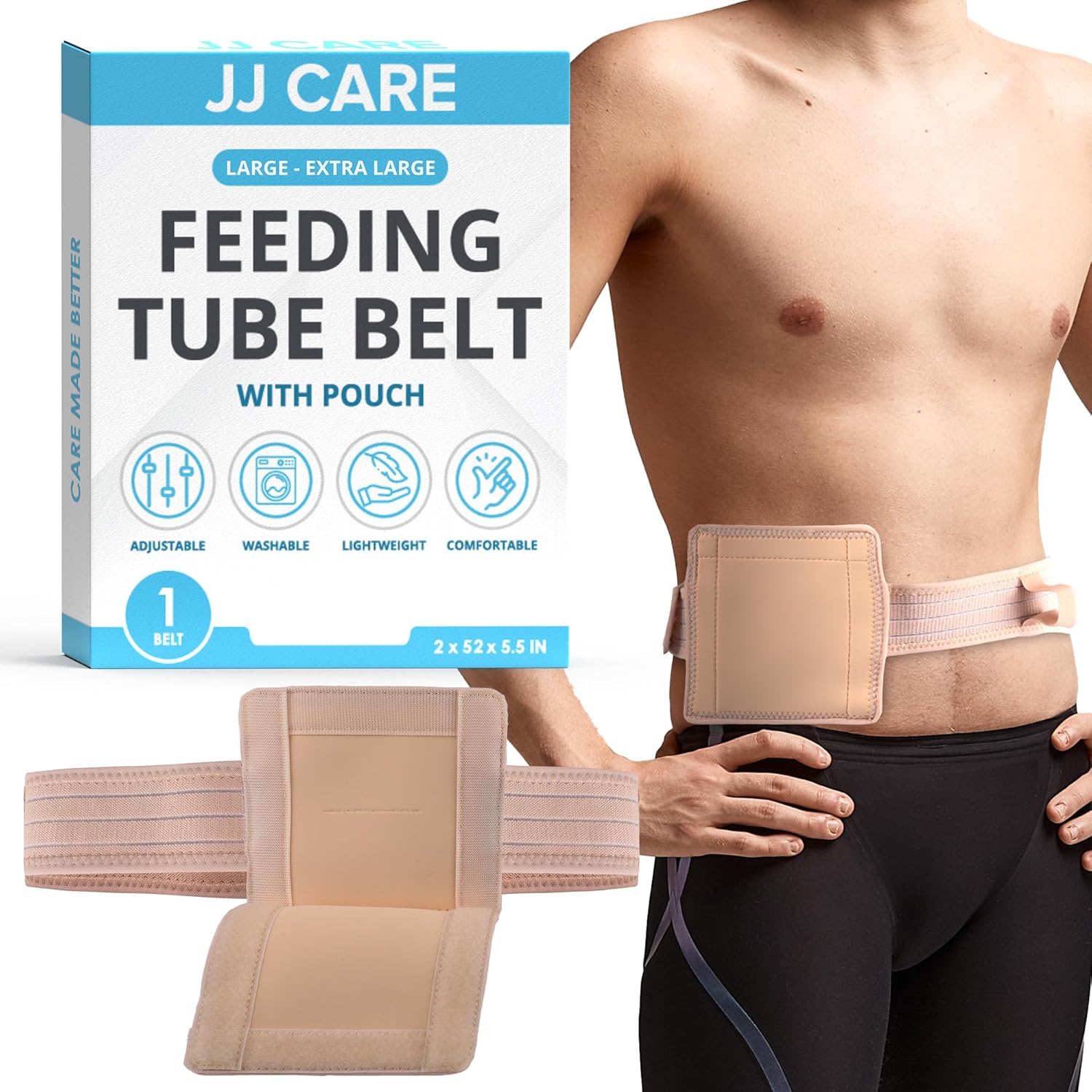 JJ CARE Feeding Tube Belt Large Extra Large front view showing the breathable nylon fabric design.