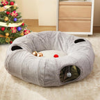 WINDRACING cat tunnel bed front view showing grey plush donut layout