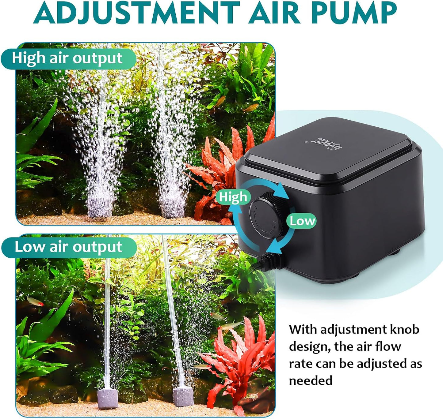 Hygger fish tank oxygen pump showing dual air outlets