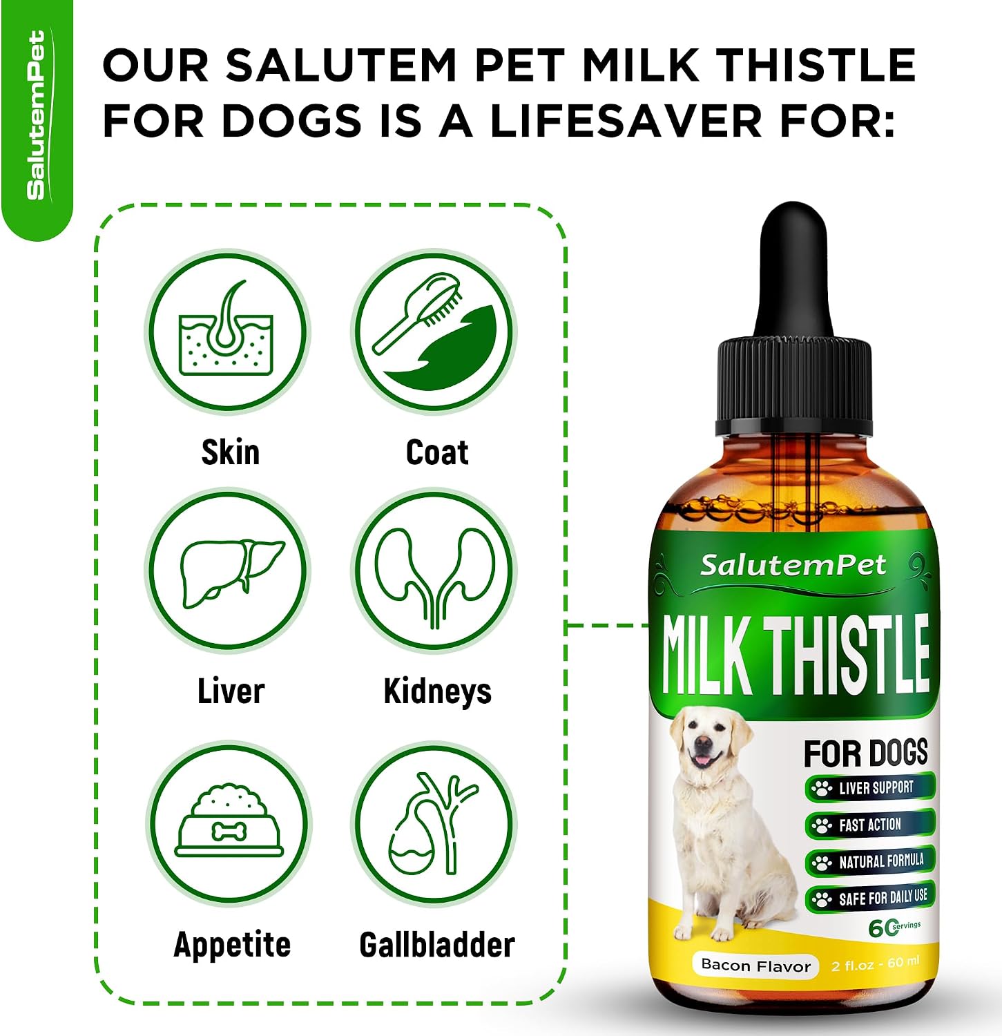 Two fluid ounces glass bottle of SalutemPet dog milk thistle supplement.