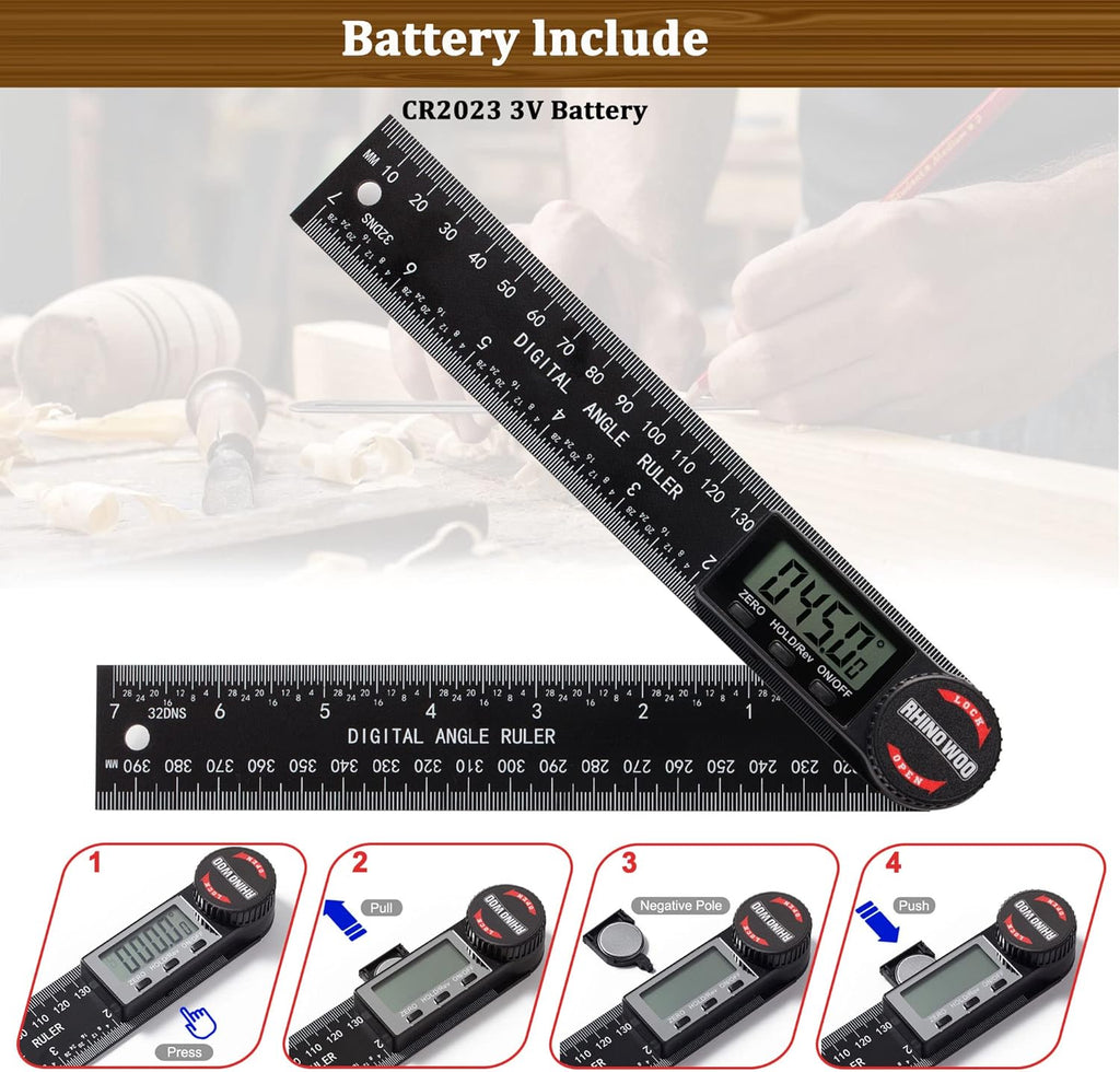 TBVHOMM 200mm angle finder showing the battery compartment with the included button cells