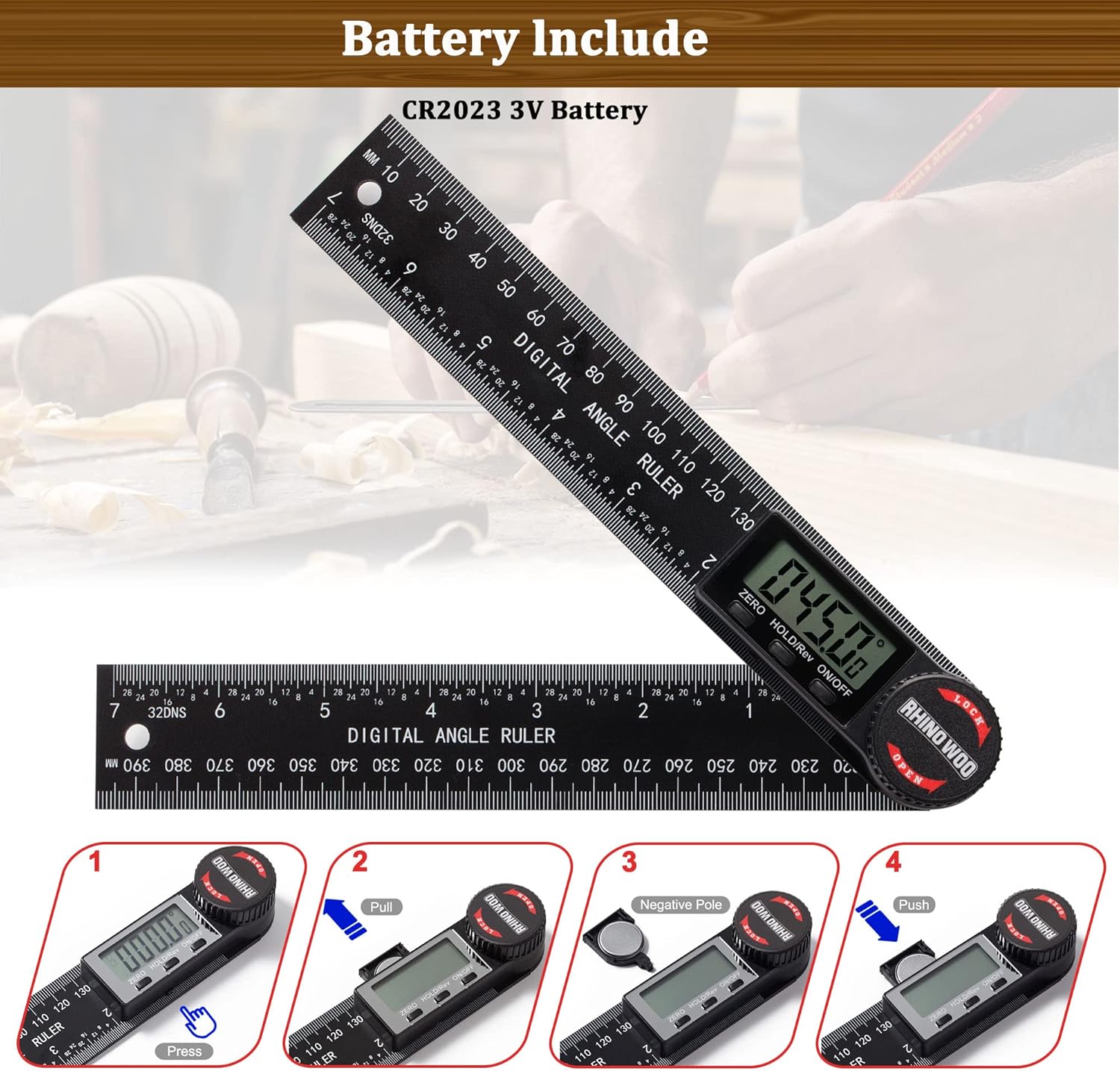 TBVHOMM 200mm angle finder showing the battery compartment with the included button cells