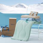 Washable cooling blanket being placed into a washing machine for easy care