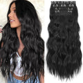 KooKaStyle clip in synthetic hair extensions front view showing long wavy black hairpieces
