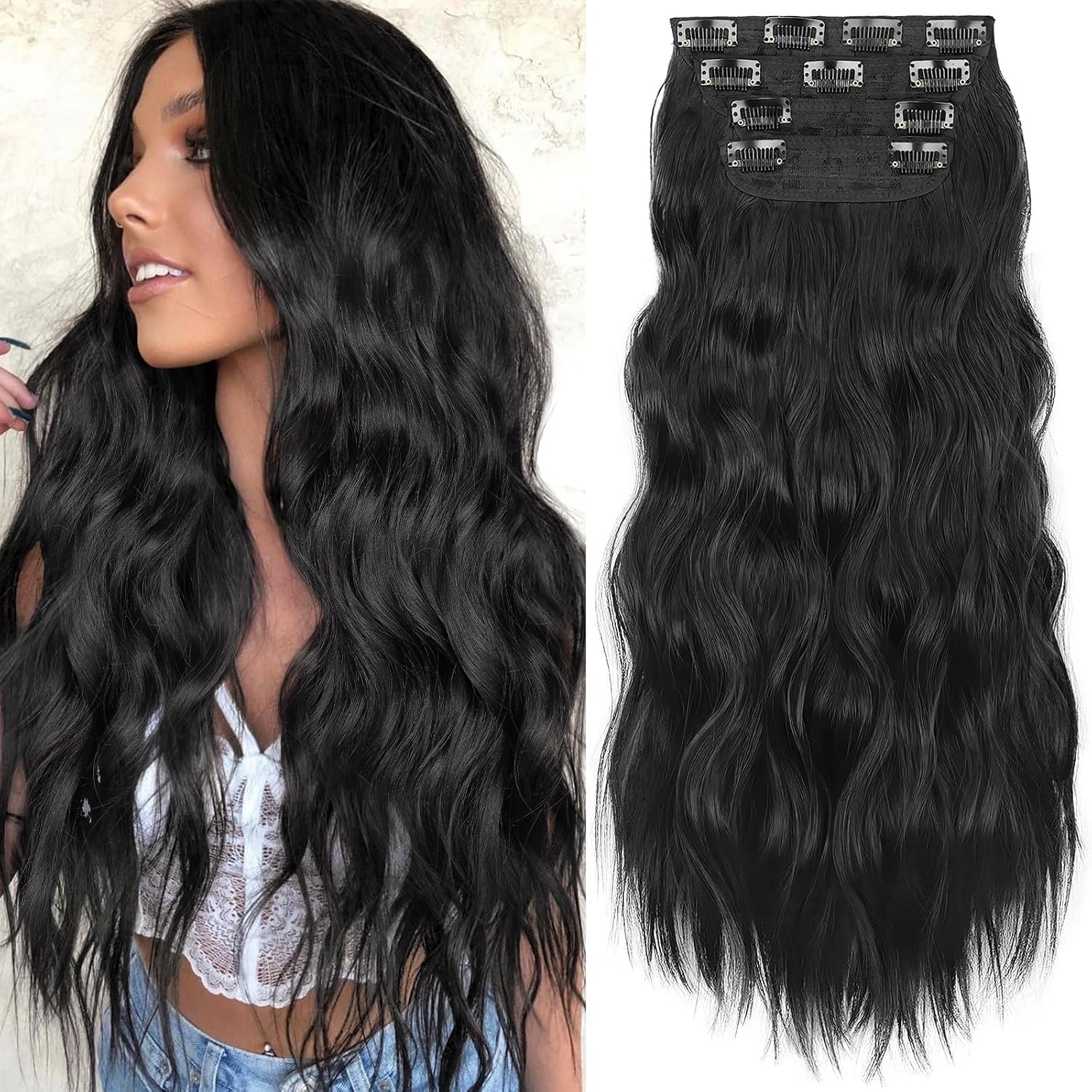 KooKaStyle clip in synthetic hair extensions front view showing long wavy black hairpieces