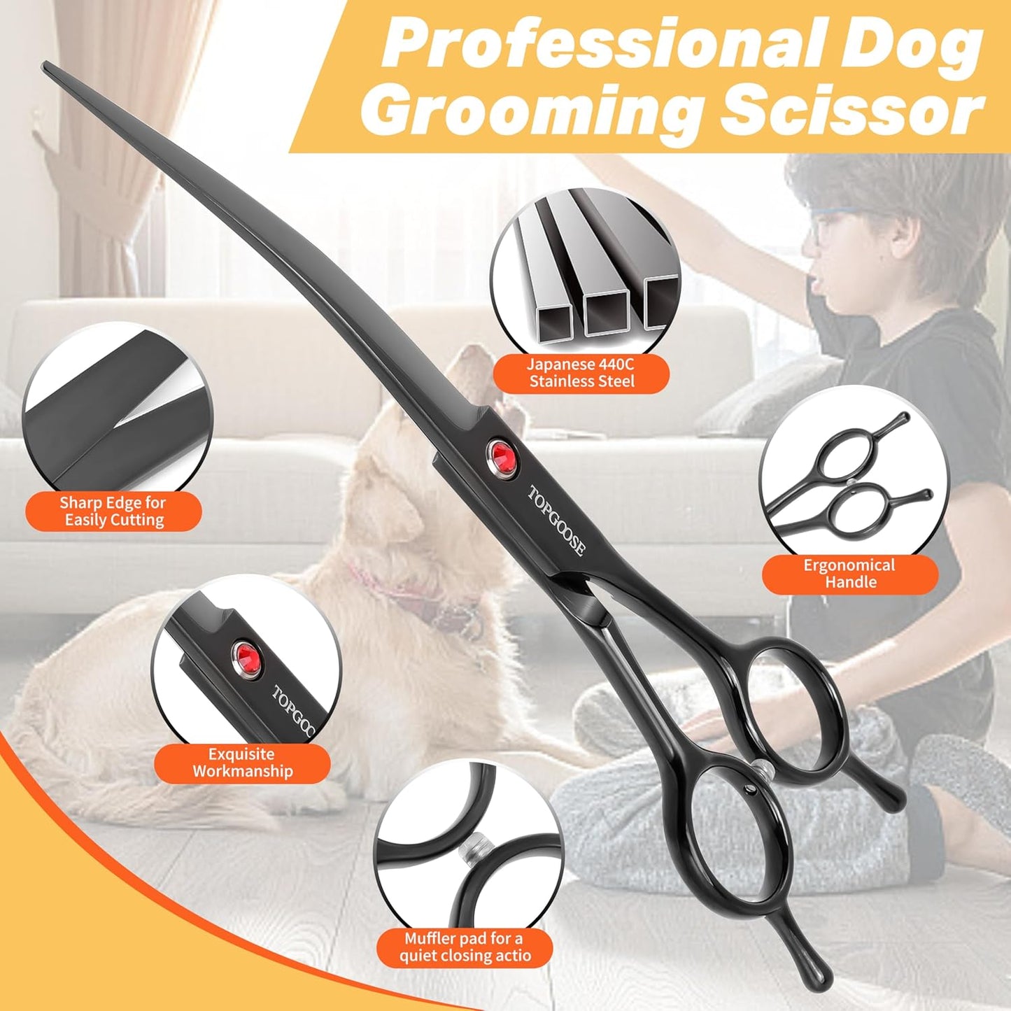 Topgoose professional pet grooming scissor being adjusted at the center tension screw.