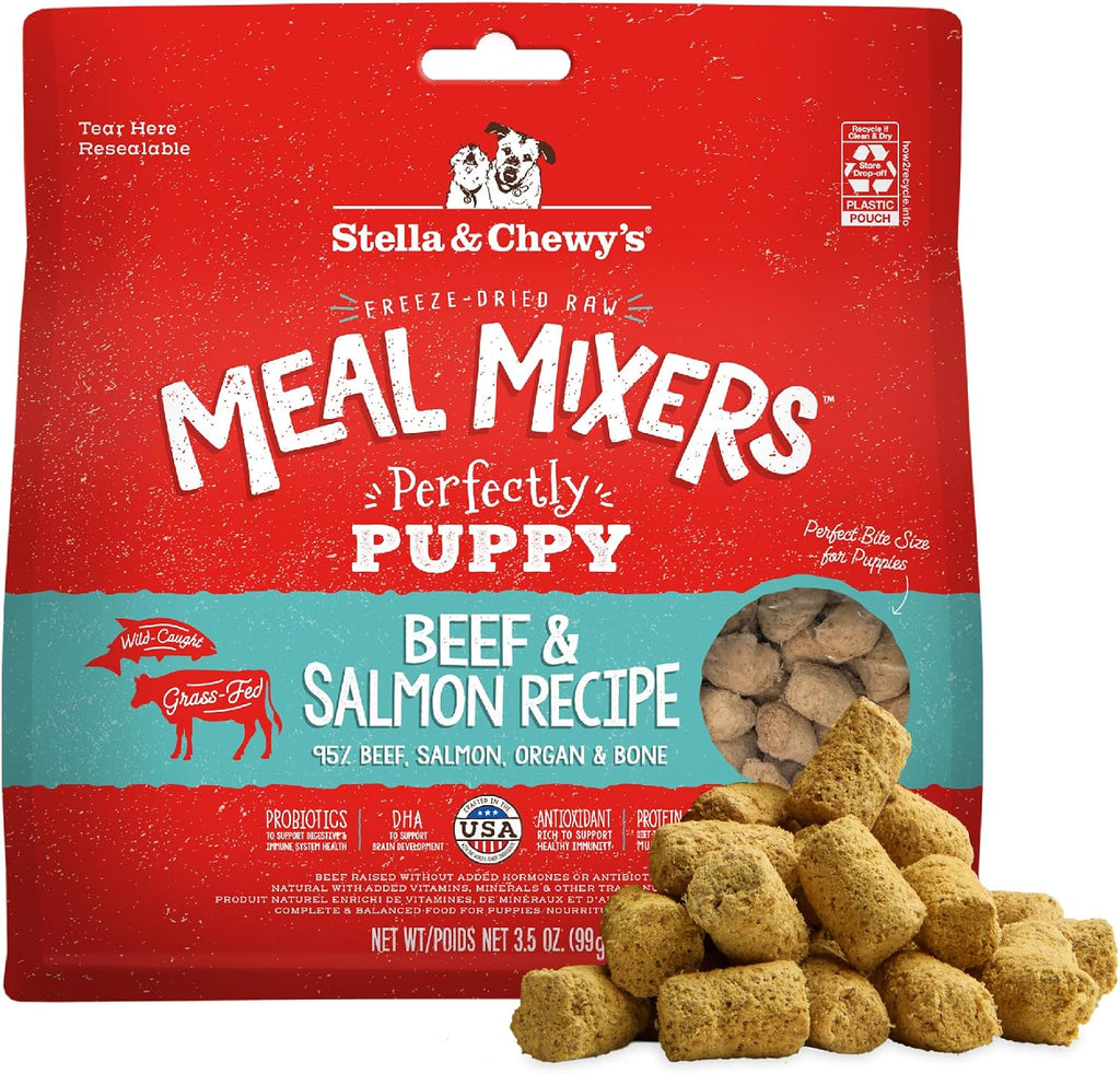 Stella and Chewy's freeze dried raw puppy meal mixers beef and salmon front pack view