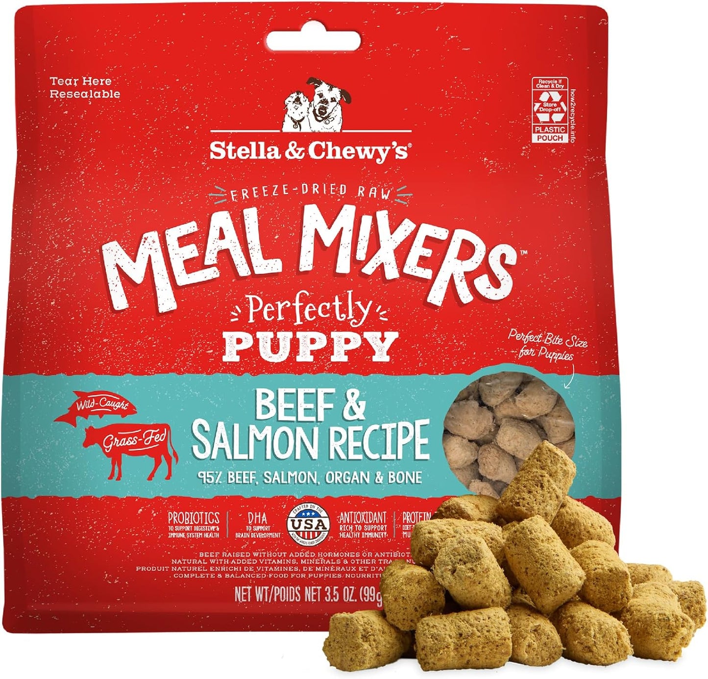 Stella and Chewy's freeze dried raw puppy meal mixers beef and salmon front pack view