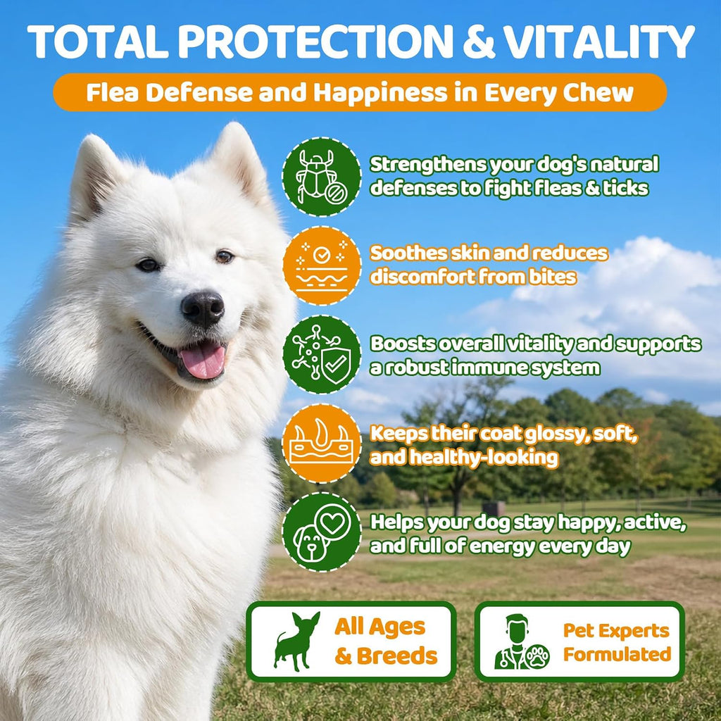Supa Paws natural dog flea treatment crunchy treats with chicken and krill flavor.