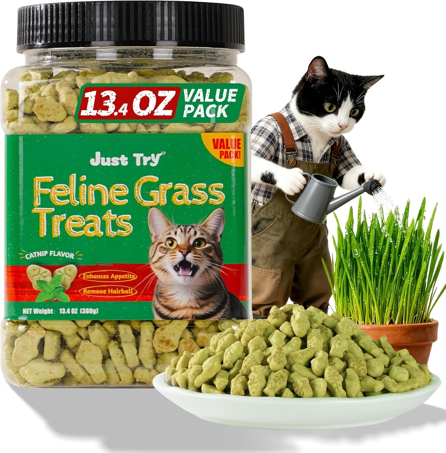 Just Try cat grass treats front view of 13.4 ounce jar