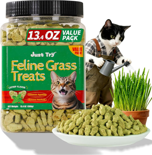 Just Try cat grass treats front view of 13.4 ounce jar