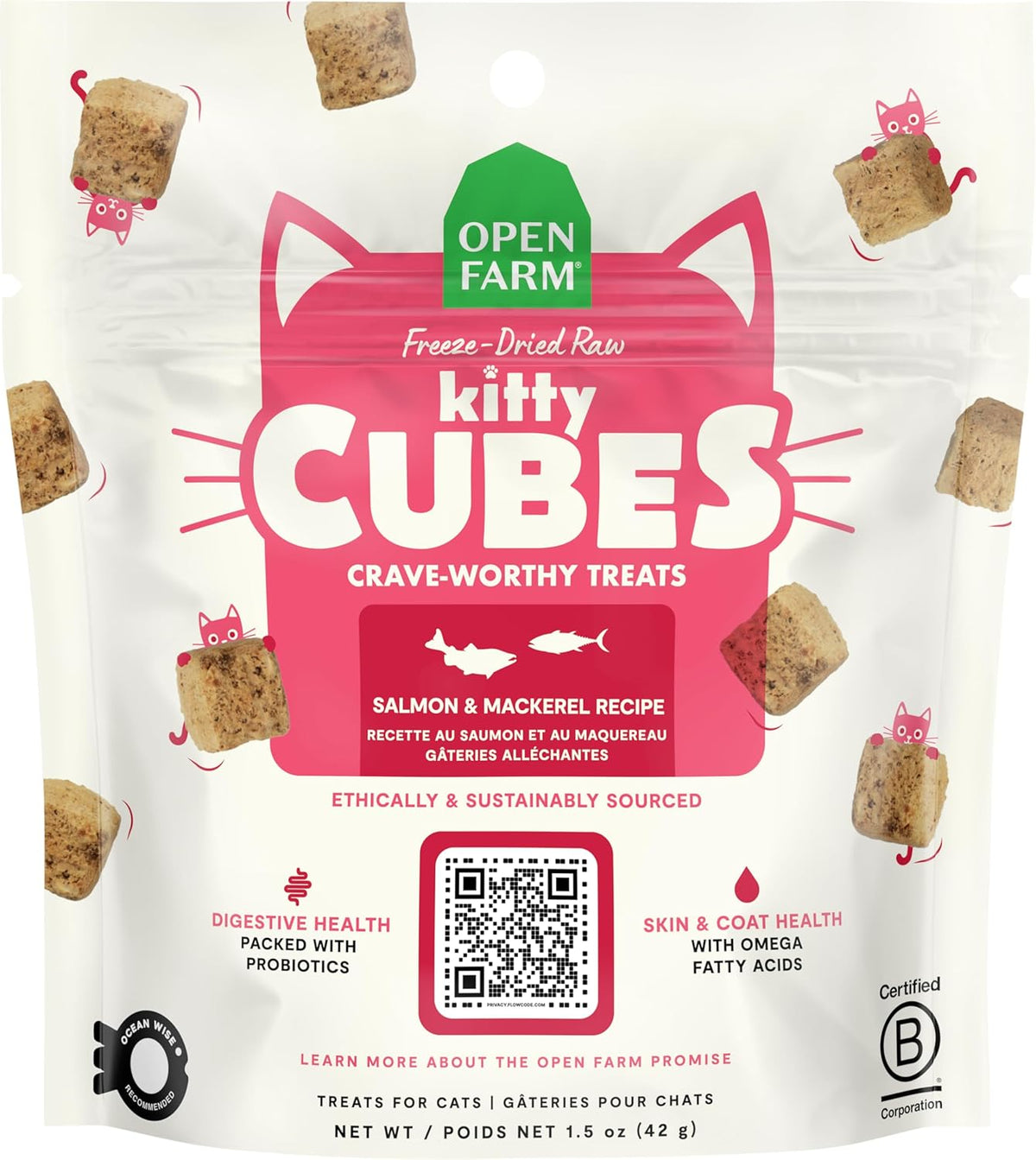 Open Farm authentic imported USA freeze dried raw kitty cubes package back instructions