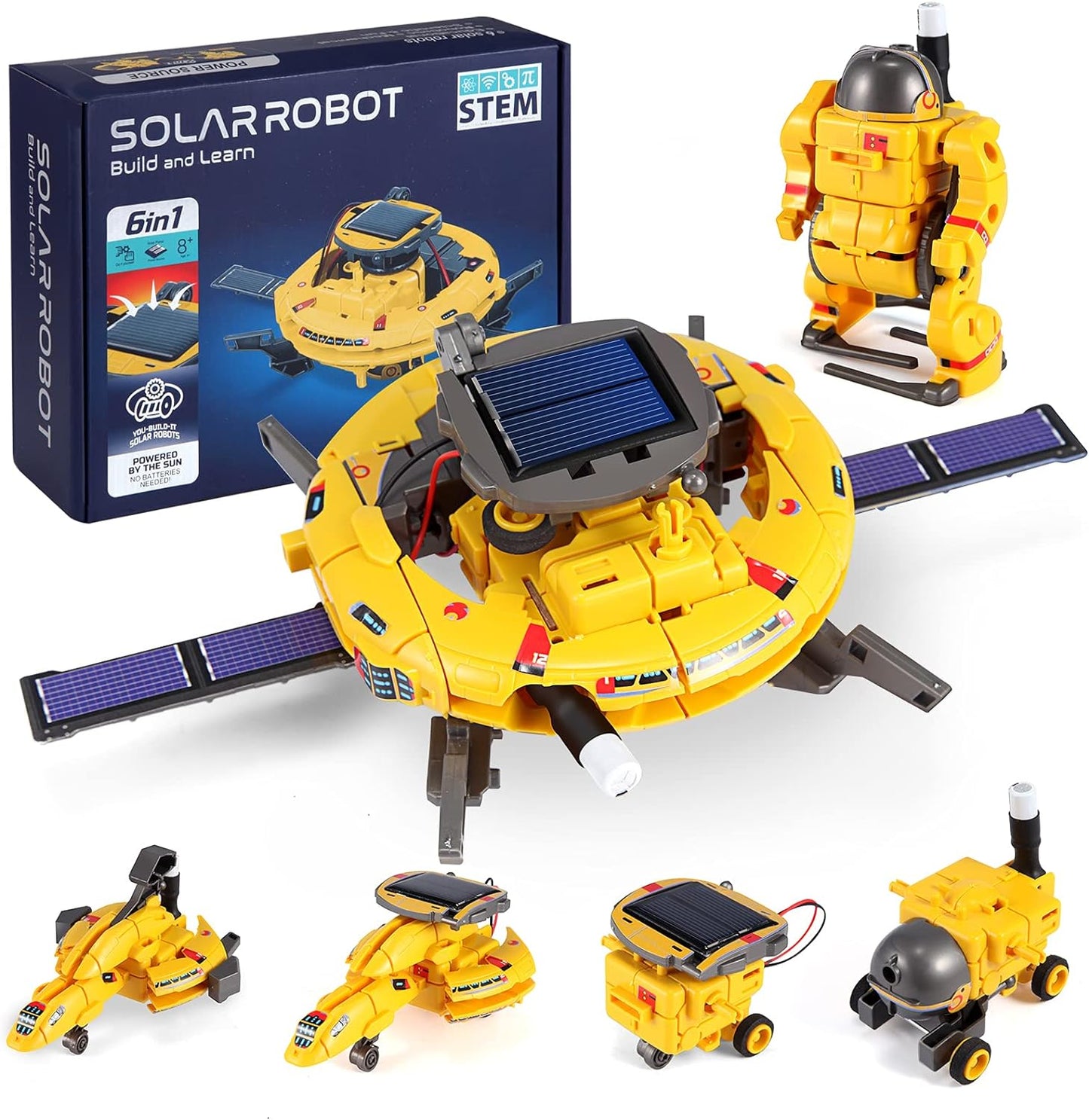 COBFDHA 6 in 1 solar robot space toy kit front view package showing yellow plastic pieces and solar panel