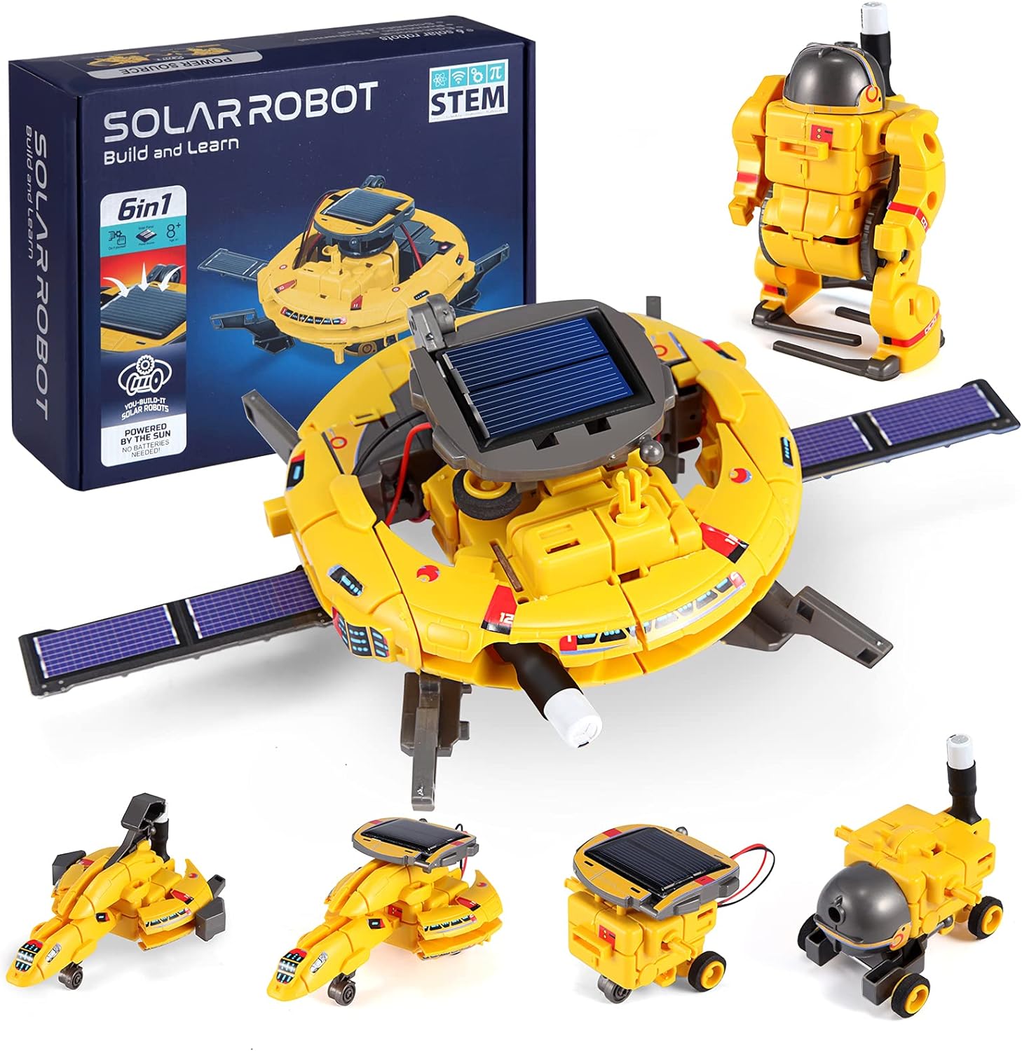 COBFDHA 6 in 1 solar robot space toy kit front view package showing yellow plastic pieces and solar panel