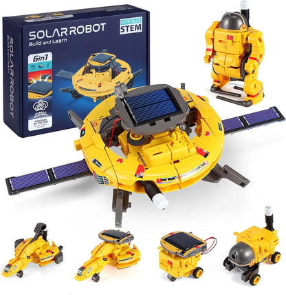COBFDHA 6 in 1 solar robot space toy kit front view package showing yellow plastic pieces and solar panel