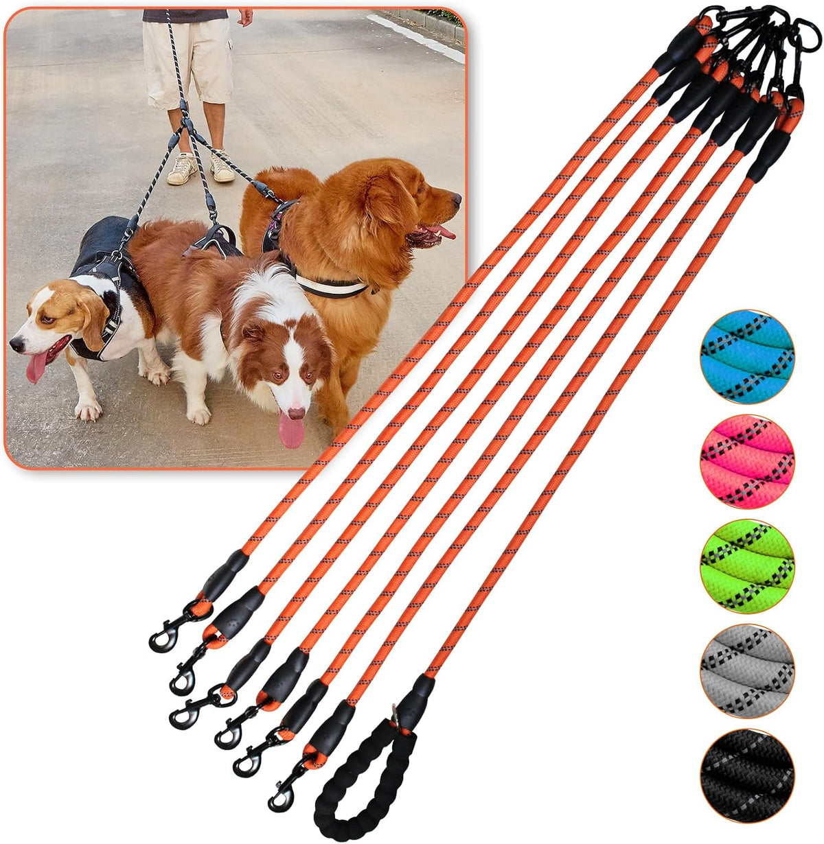 Dog Double Leashes,Comfortable Dog Leash with Reflective,No Tangle Triple Leash for Dogs (Orange Five Leashes) - Image 12