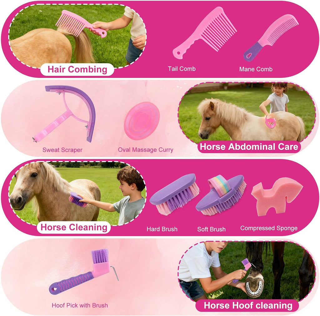 Idunseed nine piece tack room supplies showing the oval massage curry comb and hoof pick.