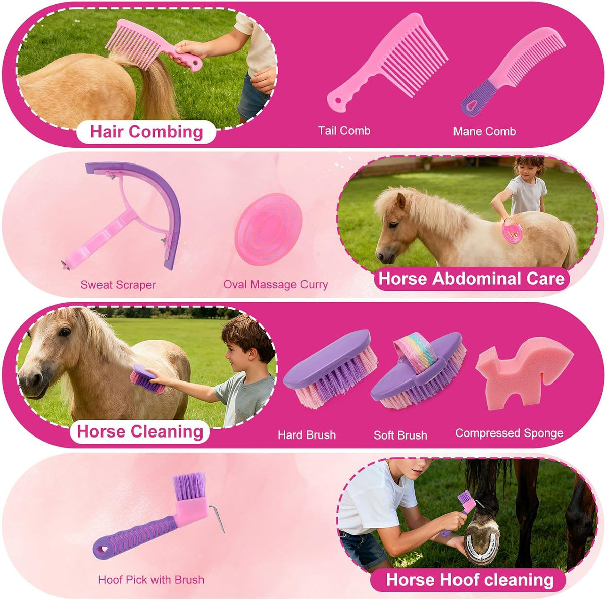 Idunseed nine piece tack room supplies showing the oval massage curry comb and hoof pick.
