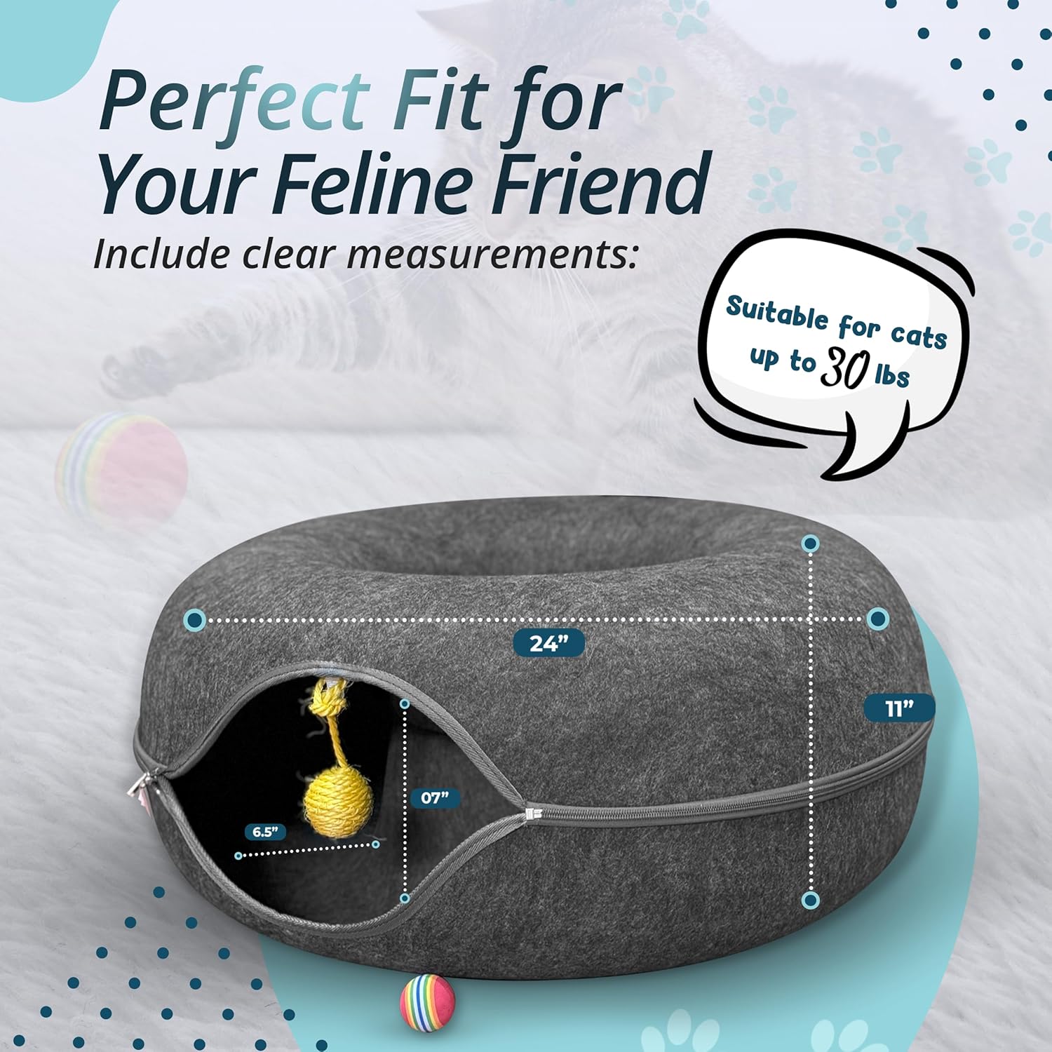 Cat playing with hanging toy on Meow Mates tunnel bed
