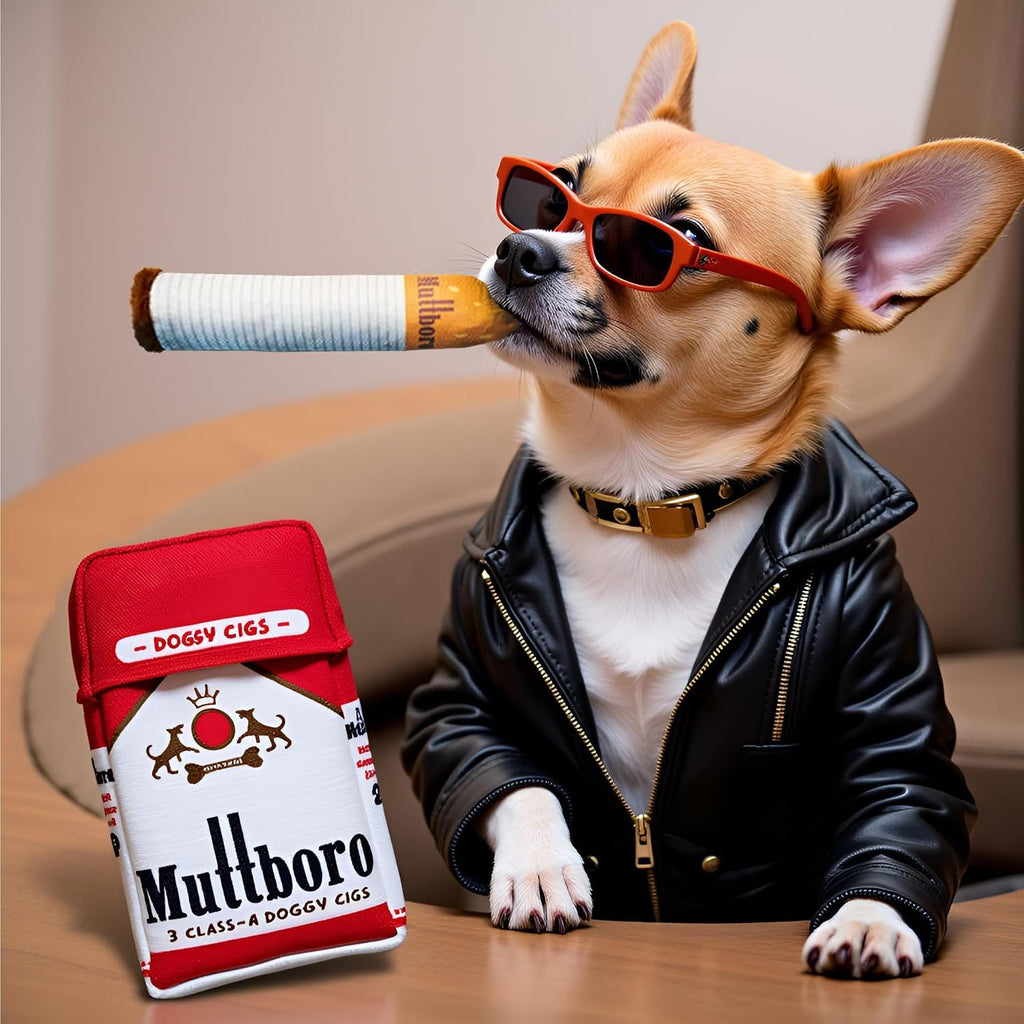 Premium packaging view of the Nestpark Muttboro Doggy Cigs funny imported novelty pet toy.