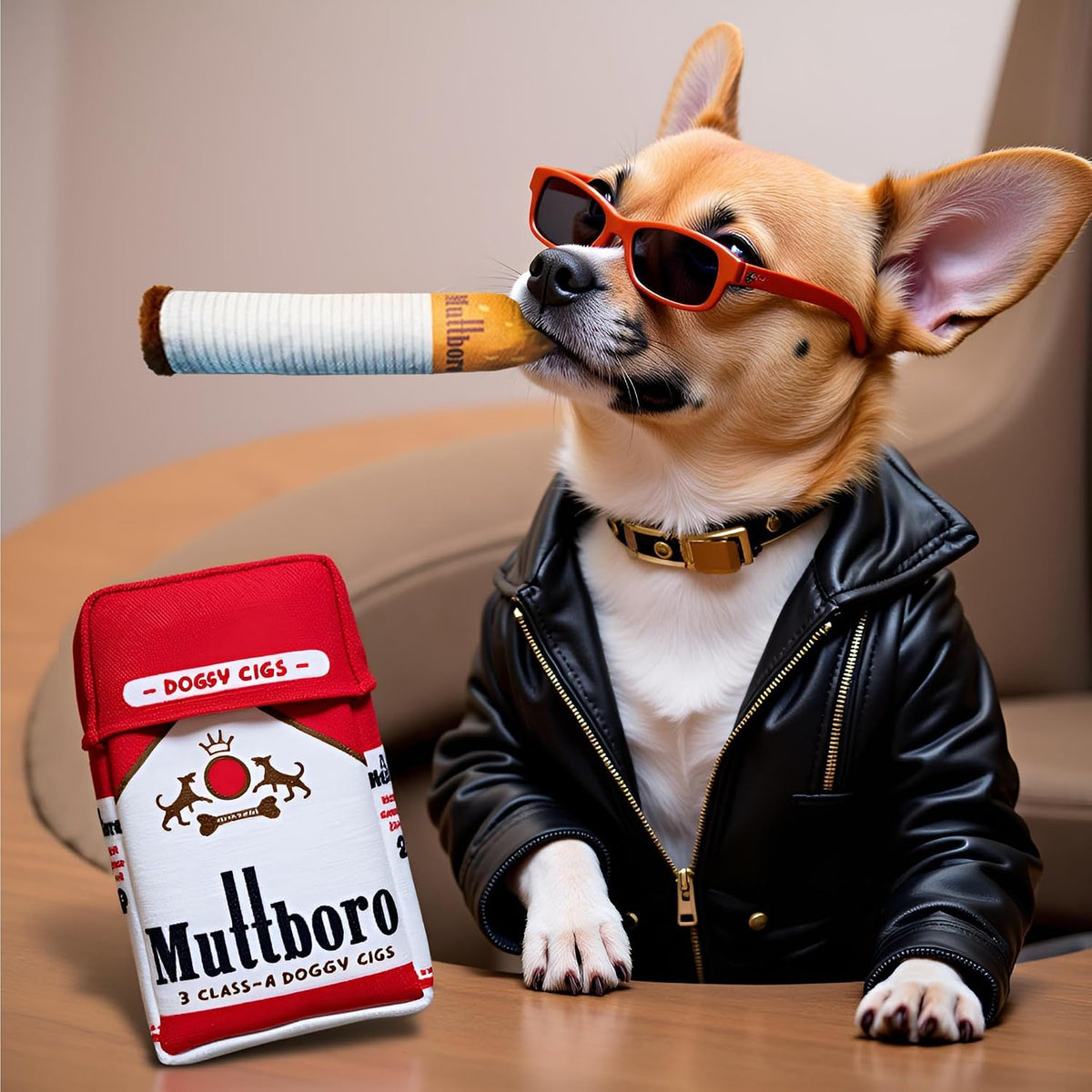 Premium packaging view of the Nestpark Muttboro Doggy Cigs funny imported novelty pet toy.