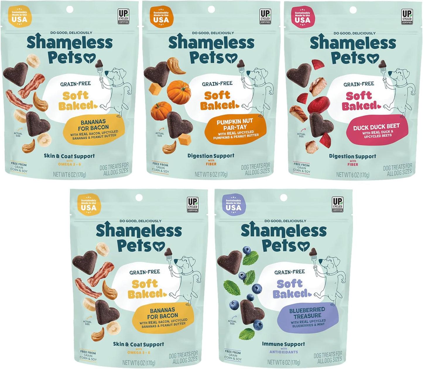 Shameless Pets Bananas for Bacon dog biscuits lifestyle shot with happy pet