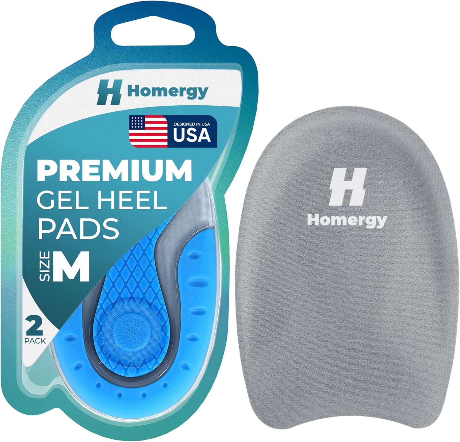 Homergy Orthopedic Heel Cups front view showing blue gel cushioning for pain relief.