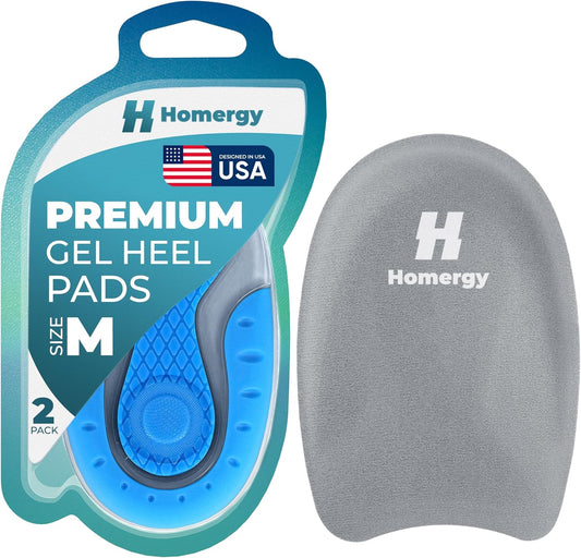Homergy Orthopedic Heel Cups front view showing blue gel cushioning for pain relief.