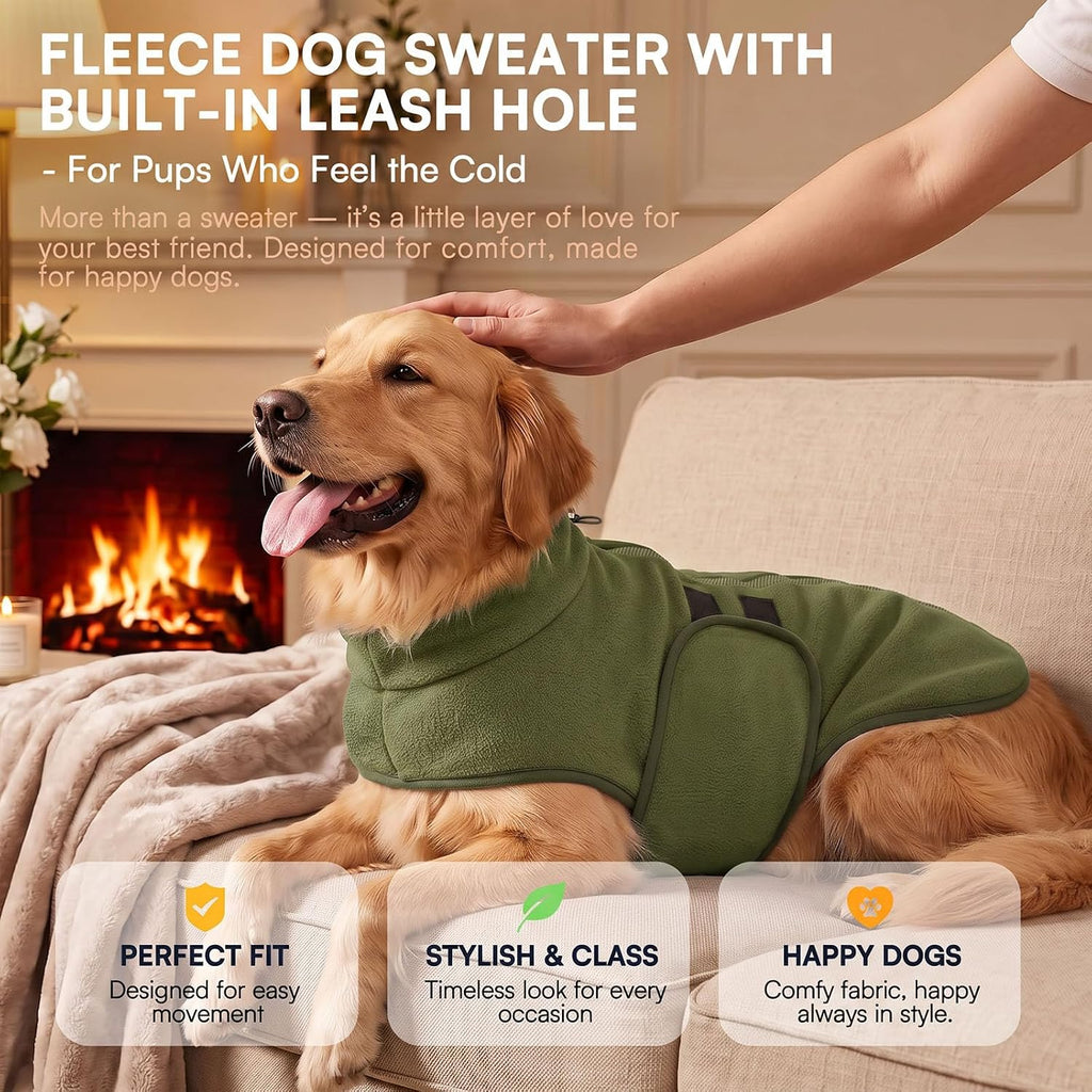 Army green dog sweatshirt with decorative ribbons on back