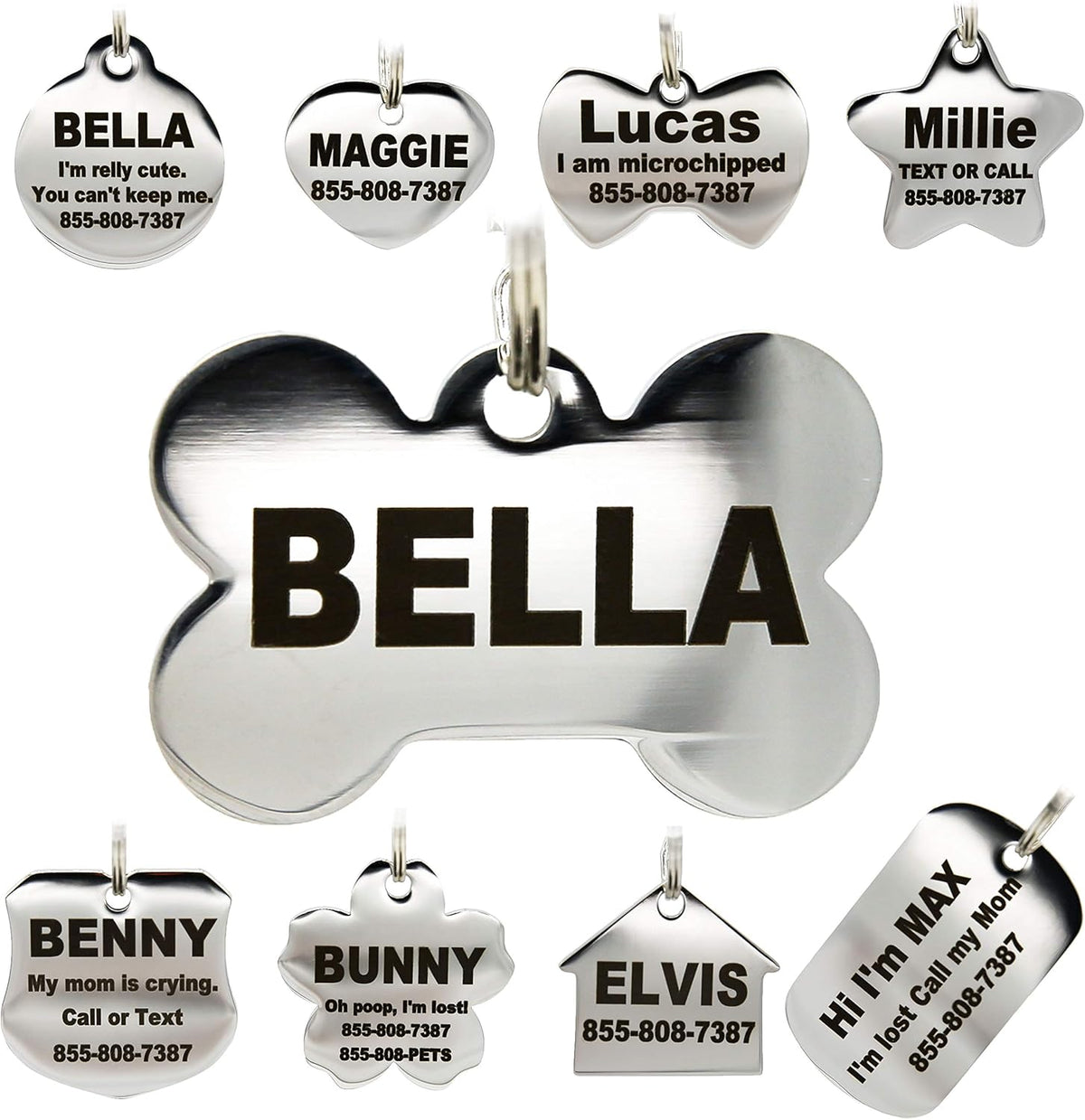 PetANTastic stainless steel pet id tags front view showing custom laser engraving.