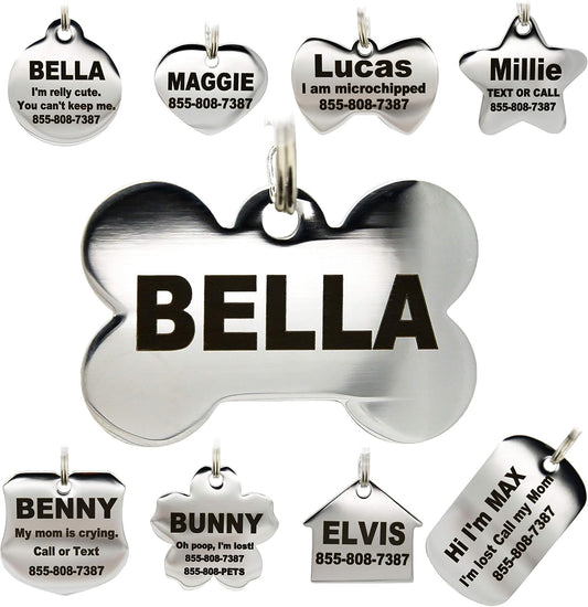 PetANTastic stainless steel pet id tags front view showing custom laser engraving.