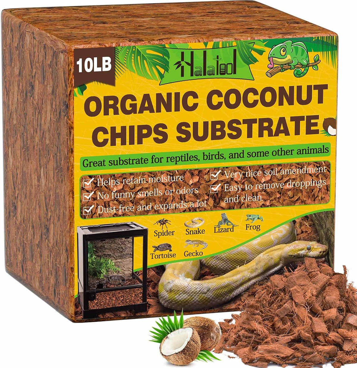 Halatool coconut husk chips reptile substrate front view compressed block