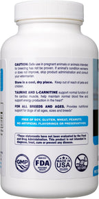 Dr Oscar dog cardiovascular supplement packaging displaying daily feeding guidelines by pet body weight