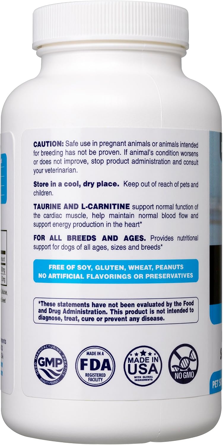 Dr Oscar dog cardiovascular supplement packaging displaying daily feeding guidelines by pet body weight