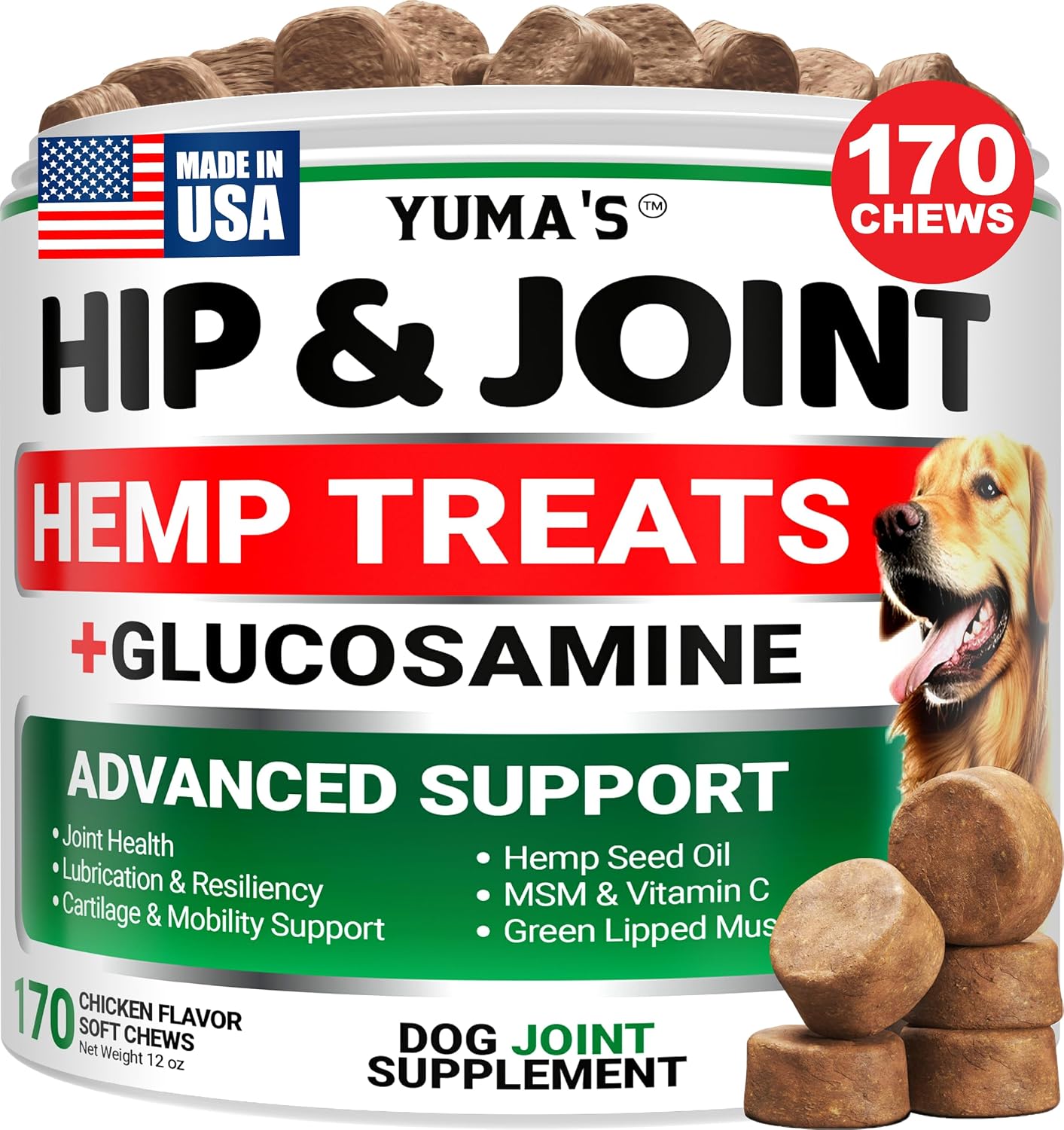 YUMA'S pet hip and joint relief supplement packaging highlighting origin.