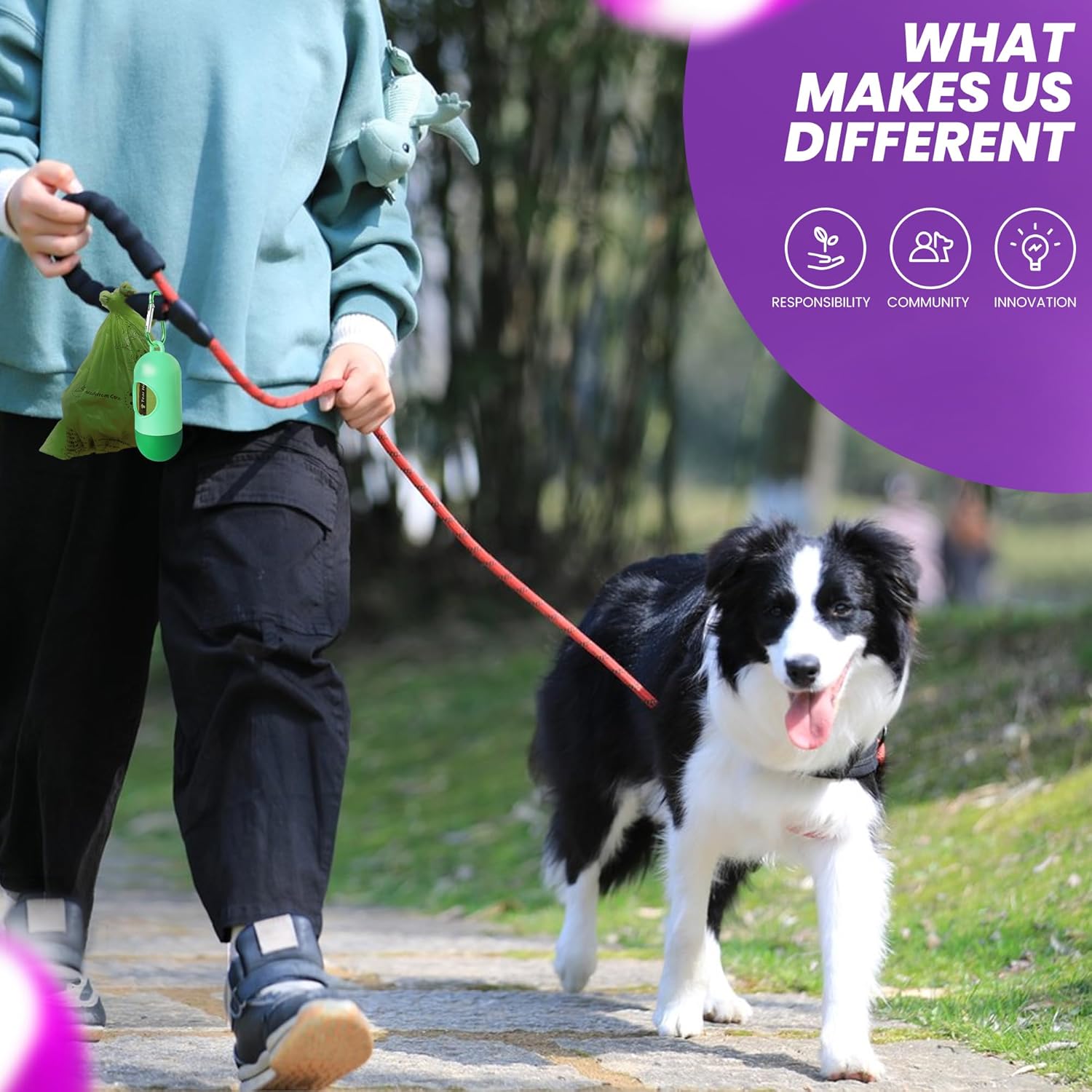 Tear resistant compostable dog bags showing large size dimensions