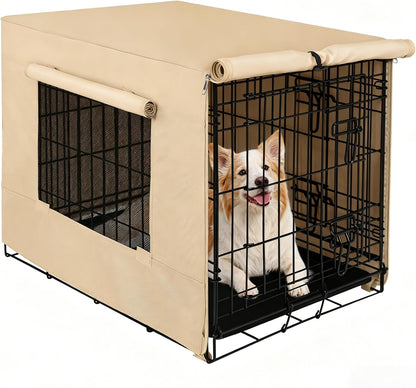 Akinerri dog crate cover front view showing premium beige waterproof fabric on a wire kennel.