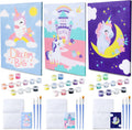 BONNYCO Paint by Numbers Kit for Kids front view showing three unicorn canvases and glowing acrylic paint pots